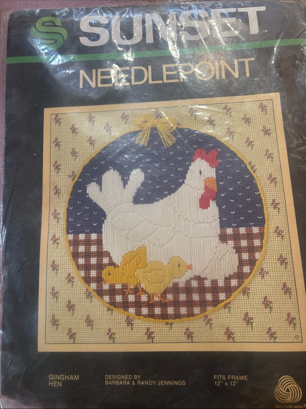 SUNSET Needlepoint Gingham Hen Pillow Kit - Cream, Navy, Yellow - Picture 3 of 5